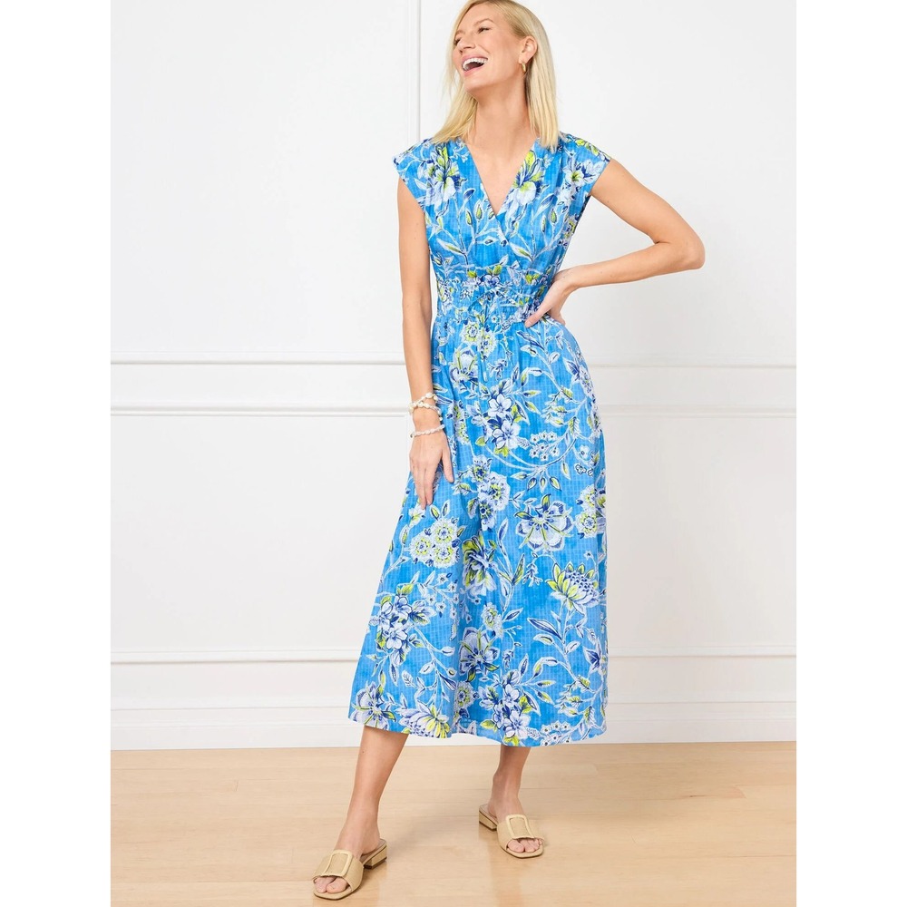 Talbots Plus Cotton Floral Fit Flare Midi Dress Blue 22W Sketched Botanical
